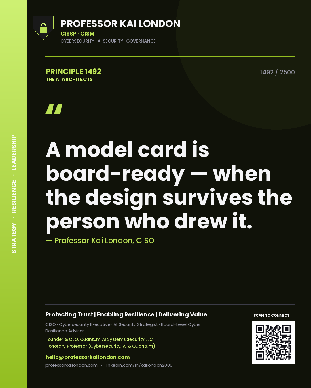 Quote card by Professor Kai London reading 'A model card is board-ready — when the design survives the person who drew it.'. From the book The AI Architects.