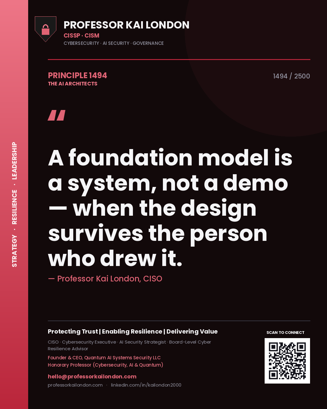 Quote card by Professor Kai London reading 'A foundation model is a system, not a demo — when the design survives the person who drew it.'. From the book The AI Architects.