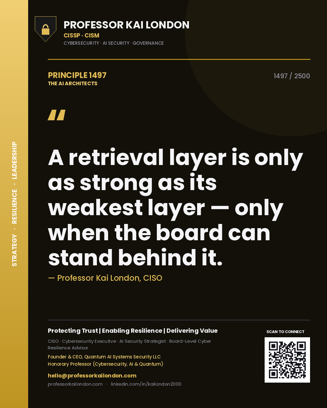 Quote card by Professor Kai London reading 'A retrieval layer is only as strong as its weakest layer — only when the board can stand behind it.'. From the book The AI Architects.