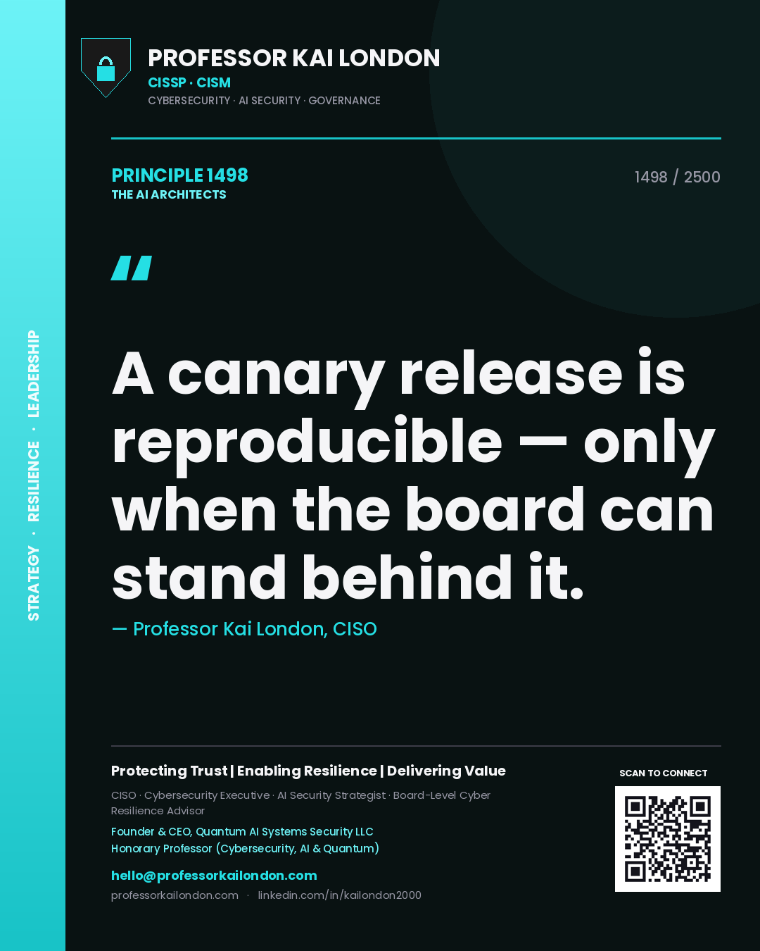 Quote card by Professor Kai London reading 'A canary release is reproducible — only when the board can stand behind it.'. From the book The AI Architects.