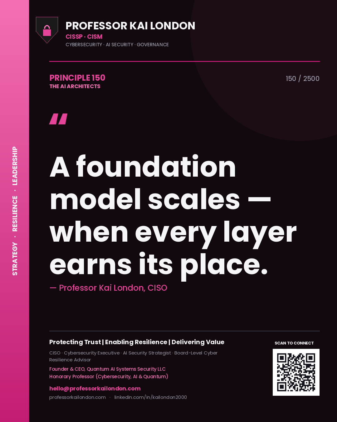 Quote card by Professor Kai London reading 'A foundation model scales — when every layer earns its place.'. From the book The AI Architects.