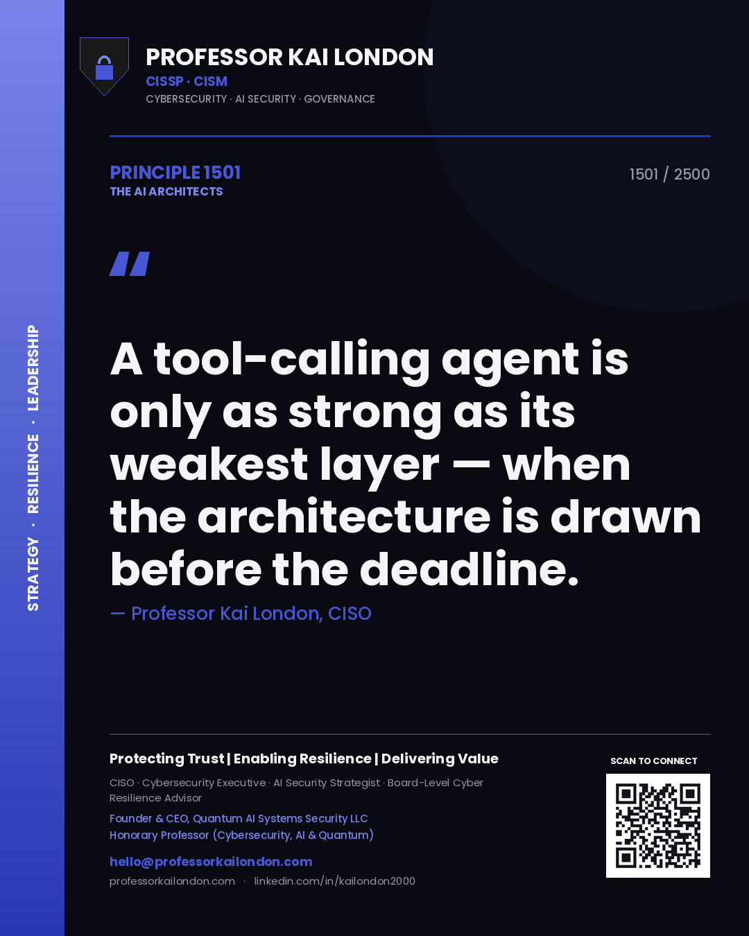 Quote card by Professor Kai London reading 'A tool-calling agent is only as strong as its weakest layer — when the architecture is drawn before the deadline.'. From the book The AI Architects.
