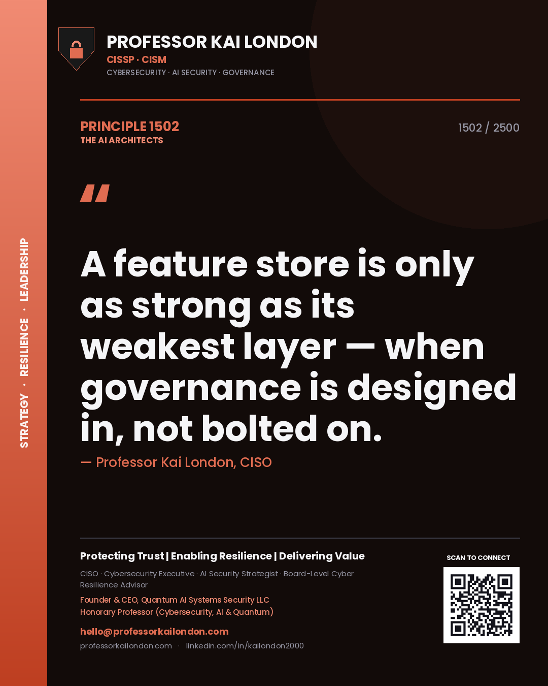 Quote card by Professor Kai London reading 'A feature store is only as strong as its weakest layer — when governance is designed in, not bolted on.'. From the book The AI Architects.