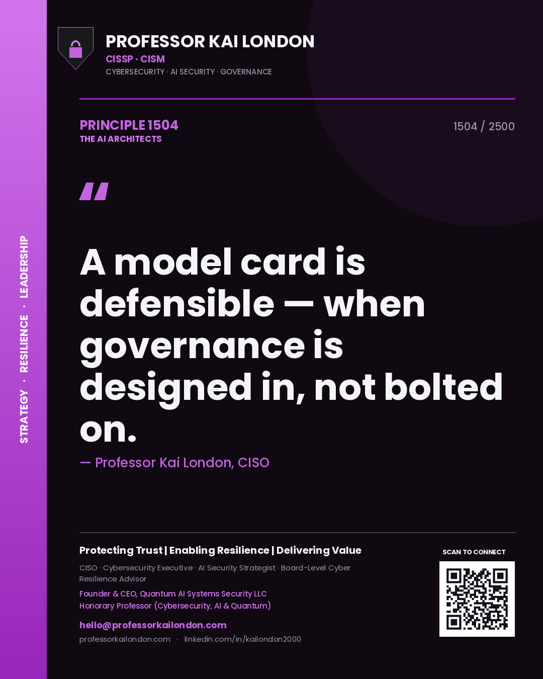 Quote card by Professor Kai London reading 'A model card is defensible — when governance is designed in, not bolted on.'. From the book The AI Architects.