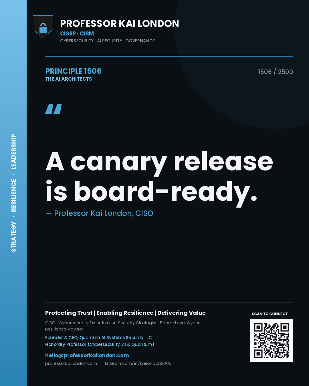 Quote card by Professor Kai London reading 'A canary release is board-ready.'. From the book The AI Architects.