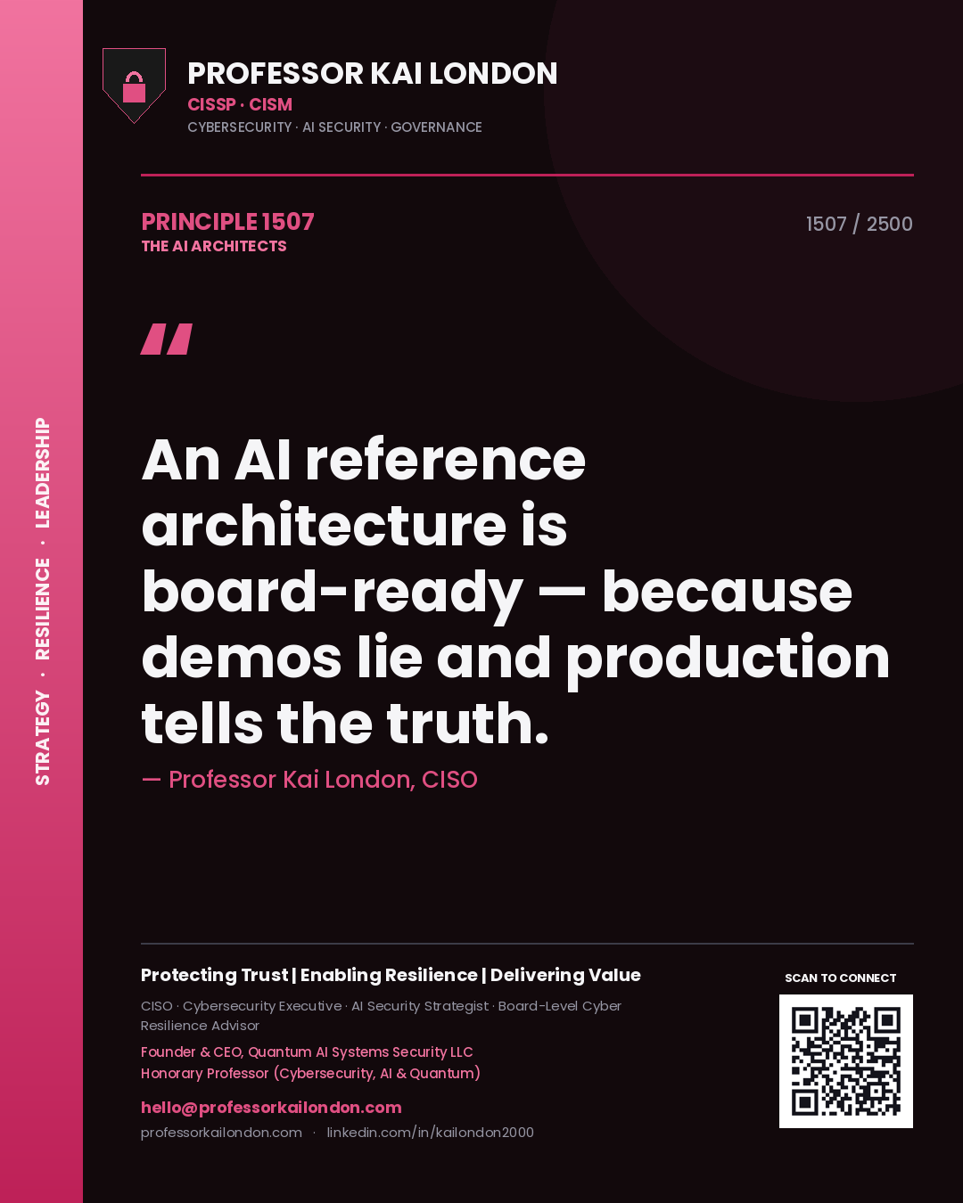Quote card by Professor Kai London reading 'An AI reference architecture is board-ready — because demos lie and production tells the truth.'. From the book The AI Architects.