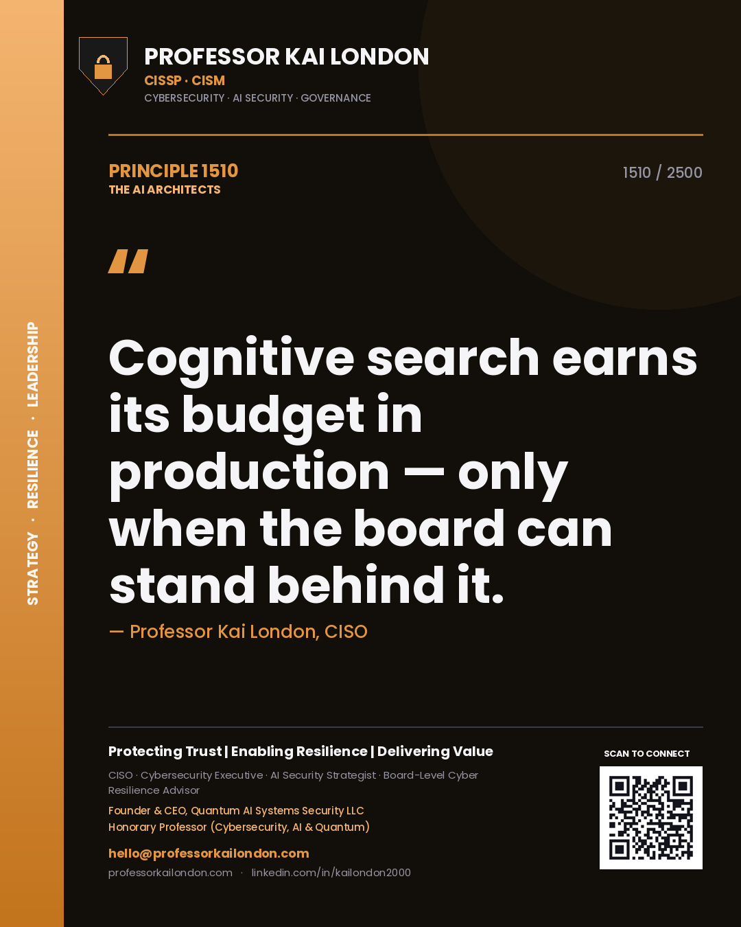 Quote card by Professor Kai London reading 'Cognitive search earns its budget in production — only when the board can stand behind it.'. From the book The AI Architects.