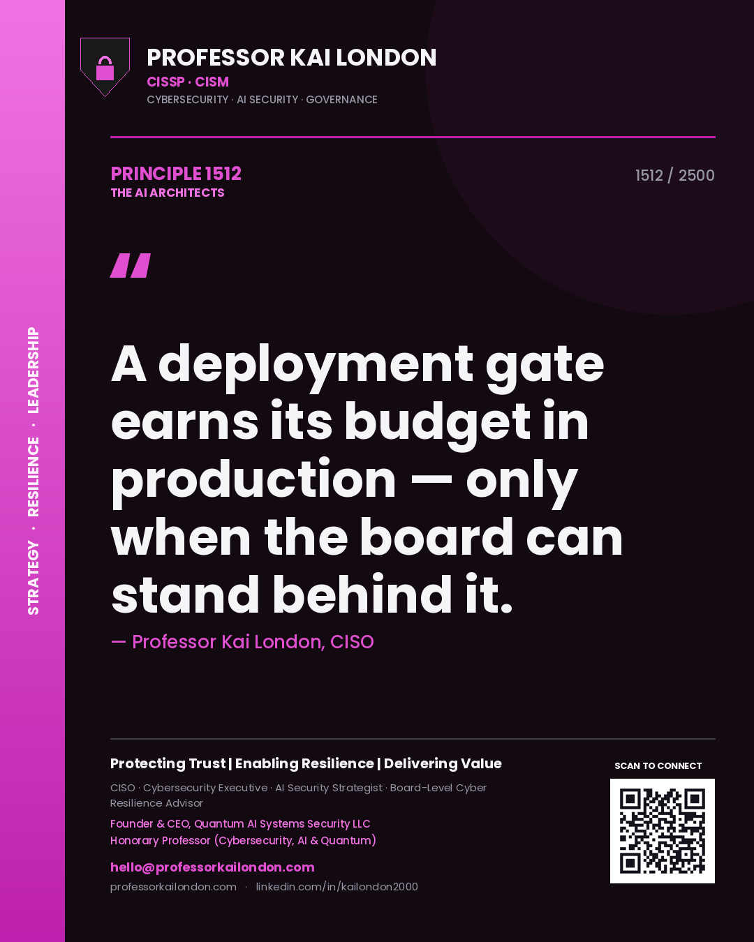 Professor Kai London principle 1512: A deployment gate earns its budget in production — only when the board can stand behind it.