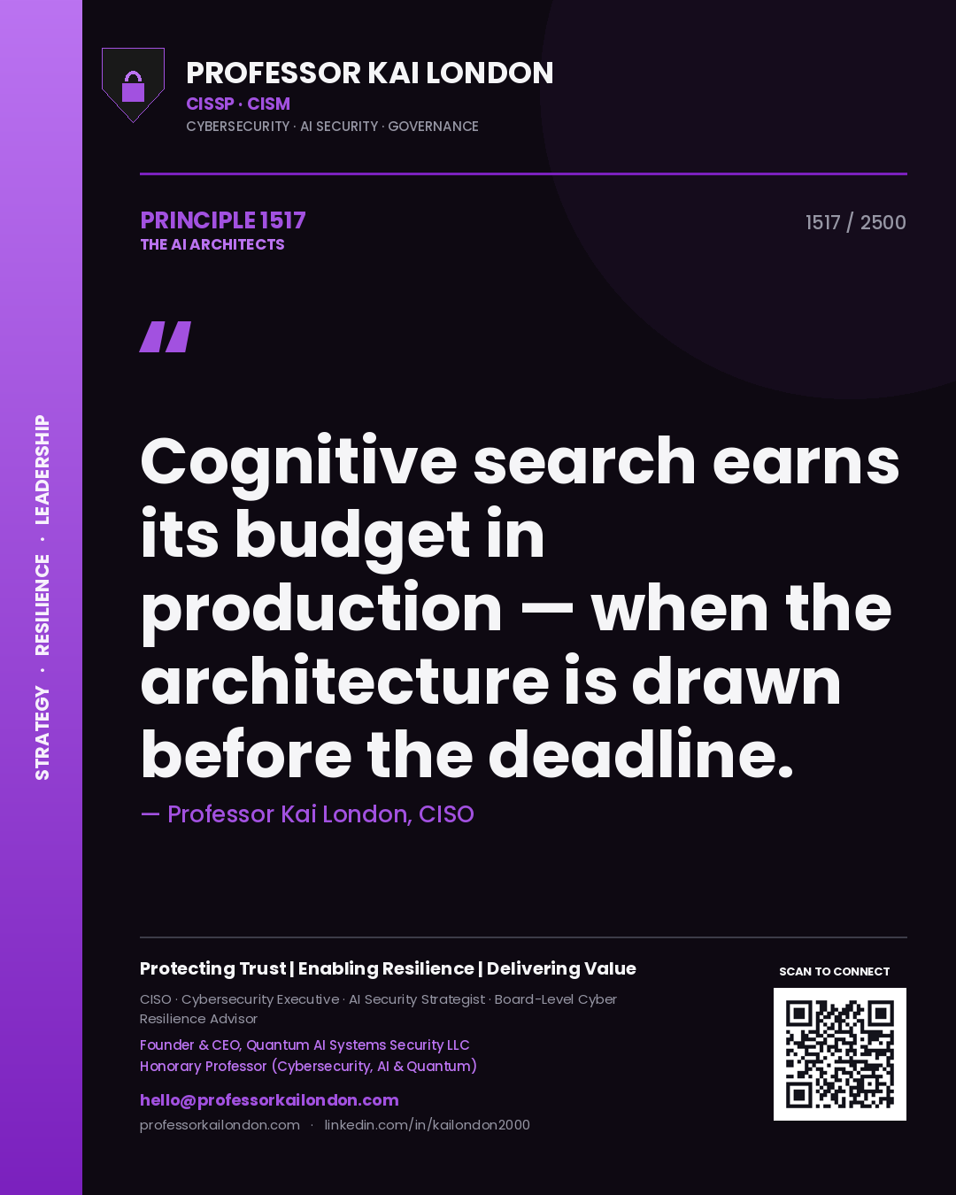 Quote card by Professor Kai London reading 'Cognitive search earns its budget in production — when the architecture is drawn before the deadline.'. From the book The AI Architects.