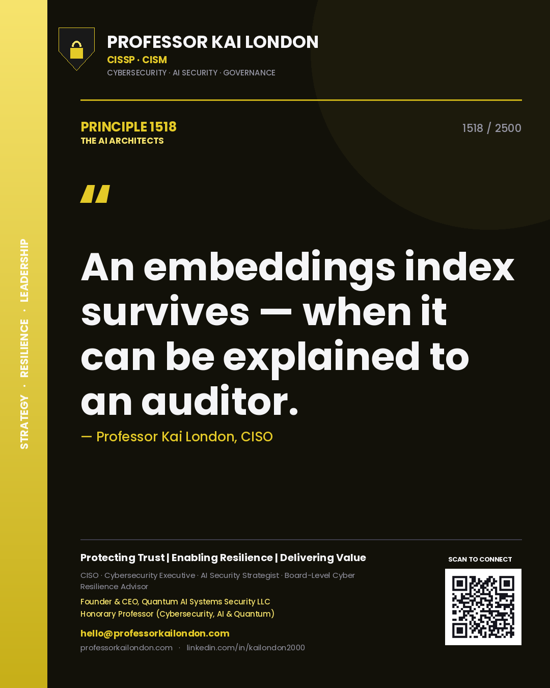 Quote card by Professor Kai London reading 'An embeddings index survives — when it can be explained to an auditor.'. From the book The AI Architects.