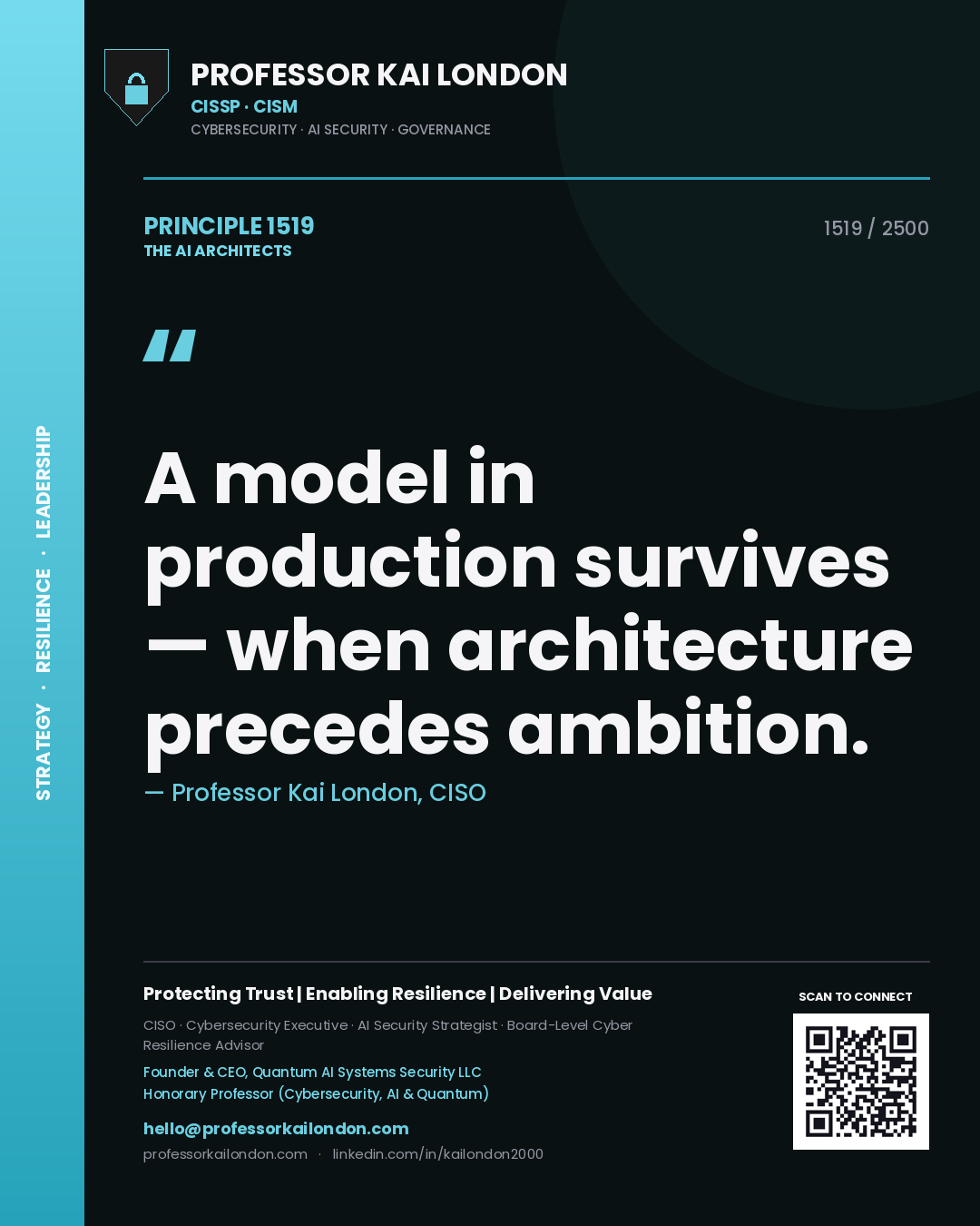 Quote card by Professor Kai London reading 'A model in production survives — when architecture precedes ambition.'. From the book The AI Architects.