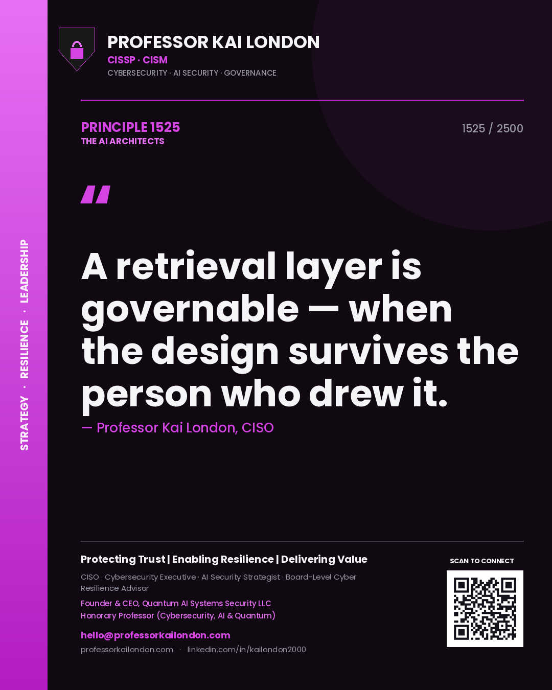 Quote card by Professor Kai London reading 'A retrieval layer is governable — when the design survives the person who drew it.'. From the book The AI Architects.