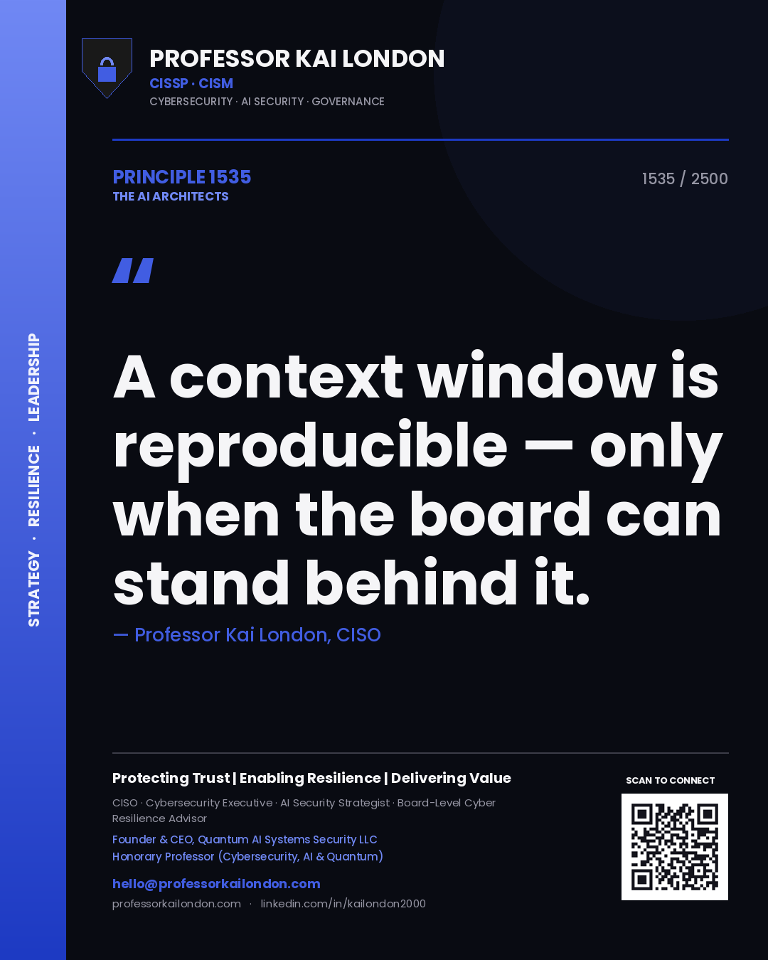 Quote card by Professor Kai London reading 'A context window is reproducible — only when the board can stand behind it.'. From the book The AI Architects.