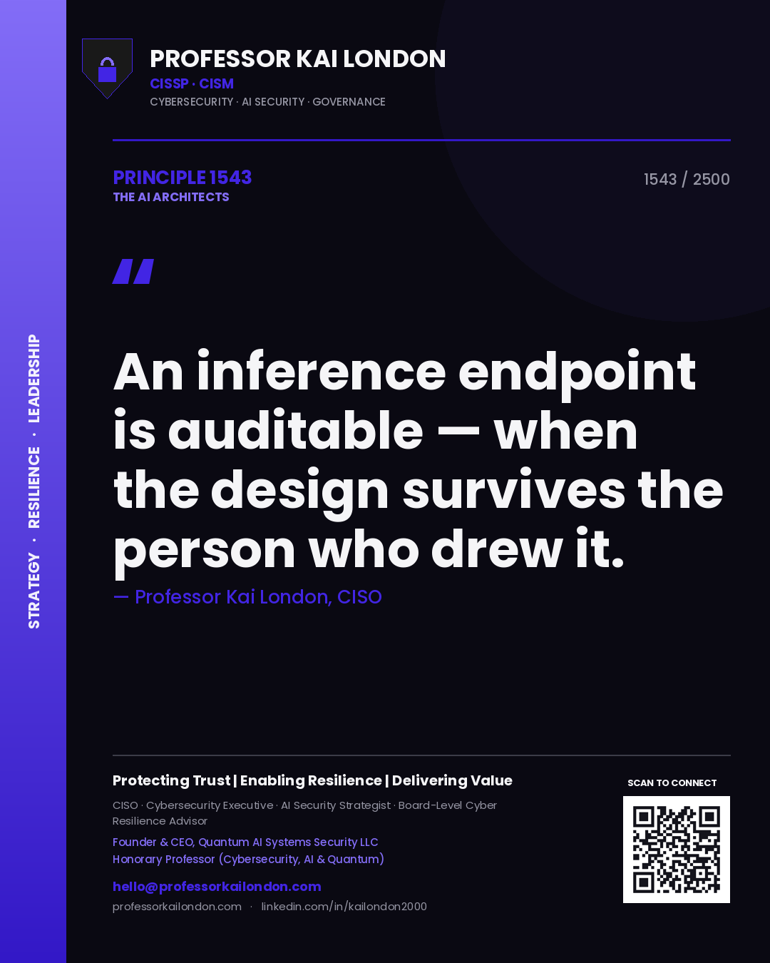 Quote card by Professor Kai London reading 'An inference endpoint is auditable — when the design survives the person who drew it.'. From the book The AI Architects.