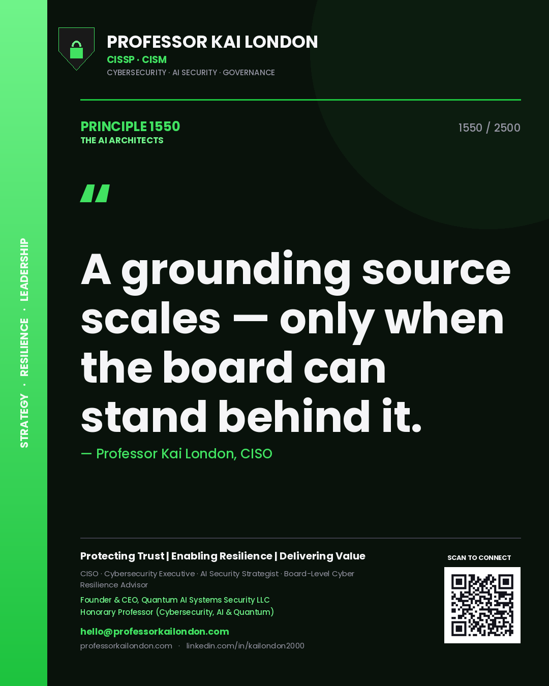 Quote card by Professor Kai London reading 'A grounding source scales — only when the board can stand behind it.'. From the book The AI Architects.