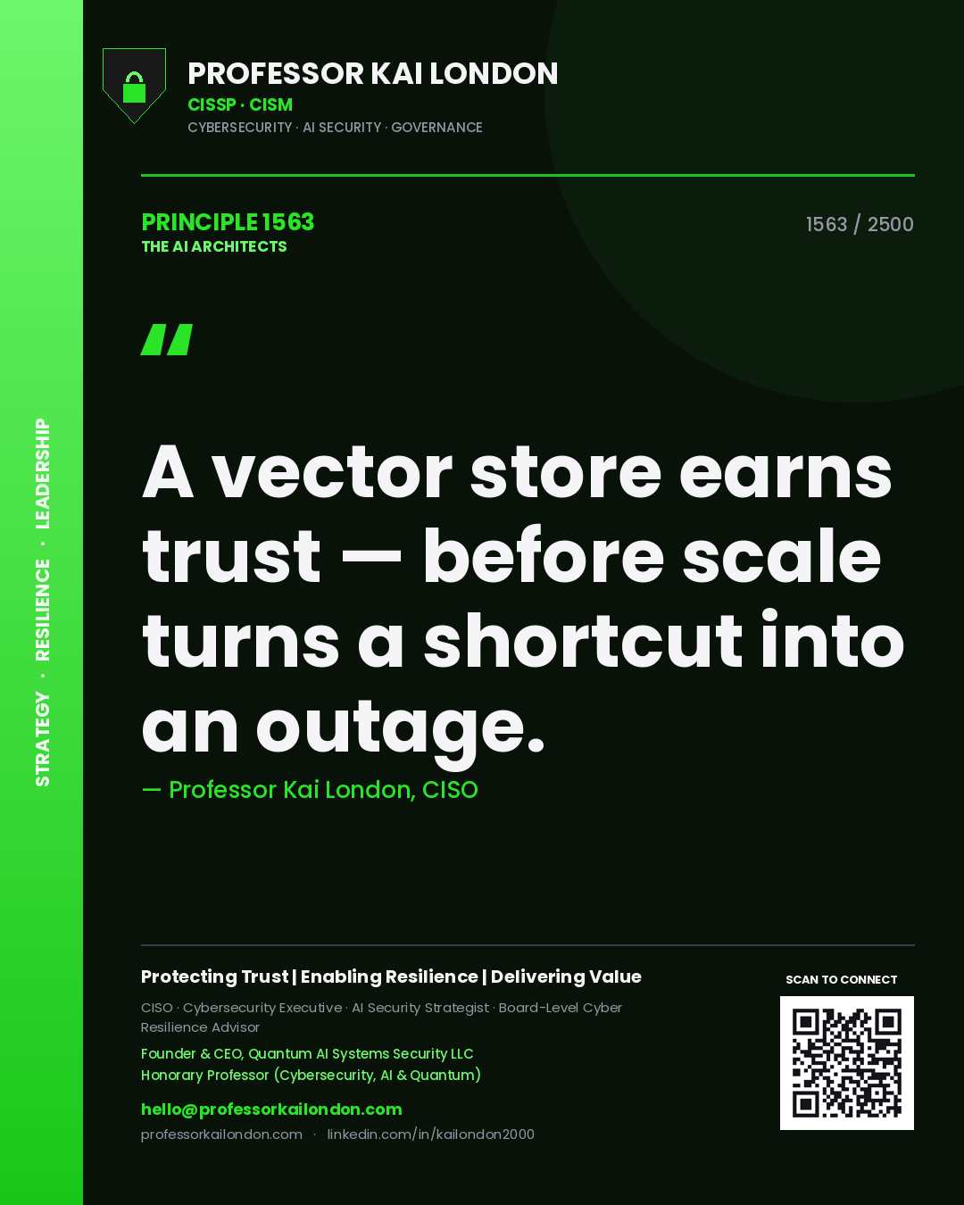 Quote card by Professor Kai London reading 'A vector store earns trust — before scale turns a shortcut into an outage.'. From the book The AI Architects.