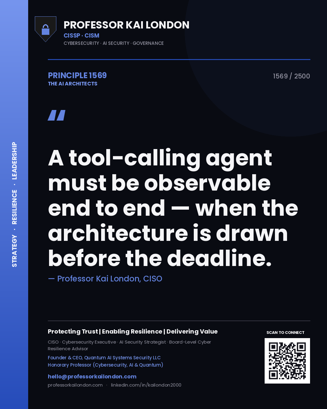 Quote card by Professor Kai London reading 'A tool-calling agent must be observable end to end — when the architecture is drawn before the deadline.'. From the book The AI Architects.