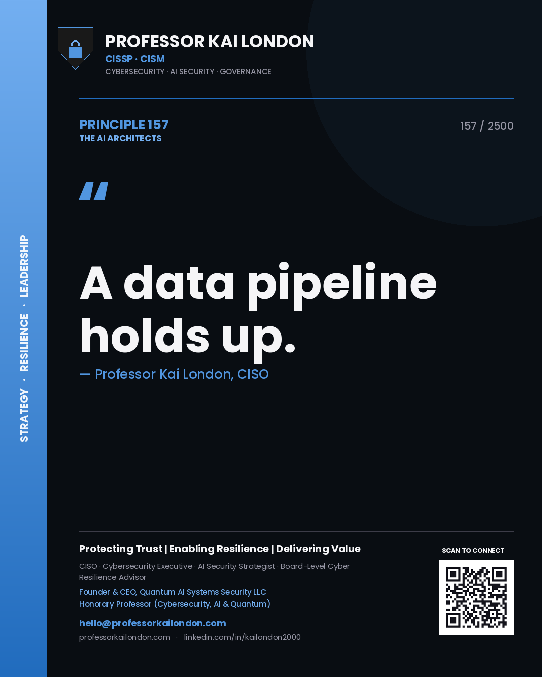 Quote card by Professor Kai London reading 'A data pipeline holds up.'. From the book The AI Architects.