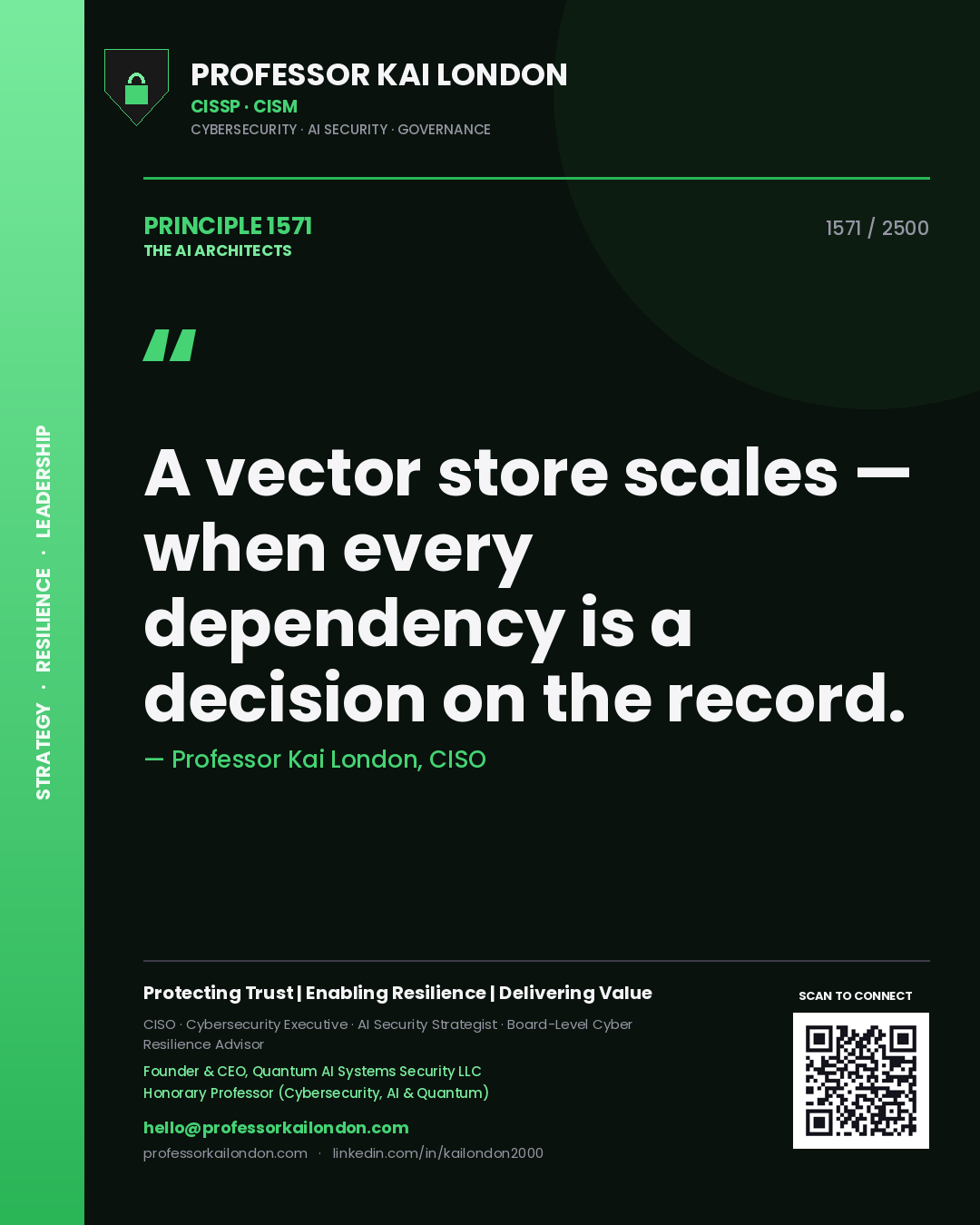 Professor Kai London principle 1571: A vector store scales — when every dependency is a decision on the record.