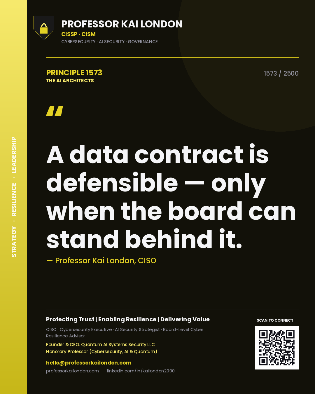 Quote card by Professor Kai London reading 'A data contract is defensible — only when the board can stand behind it.'. From the book The AI Architects.
