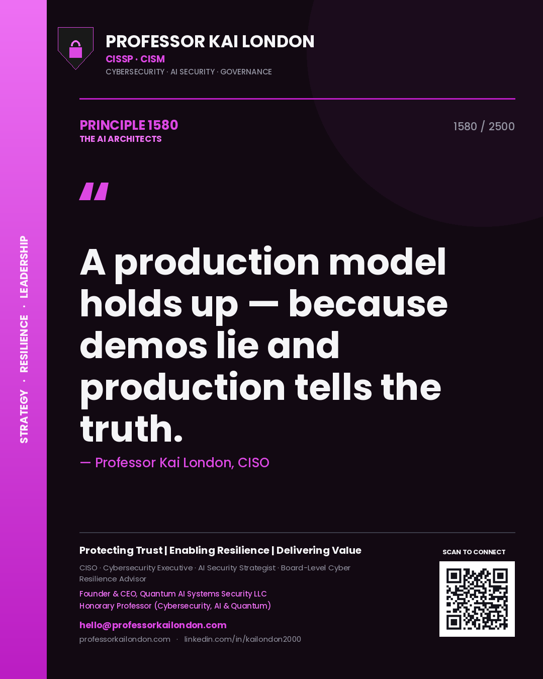 Quote card by Professor Kai London reading 'A production model holds up — because demos lie and production tells the truth.'. From the book The AI Architects.