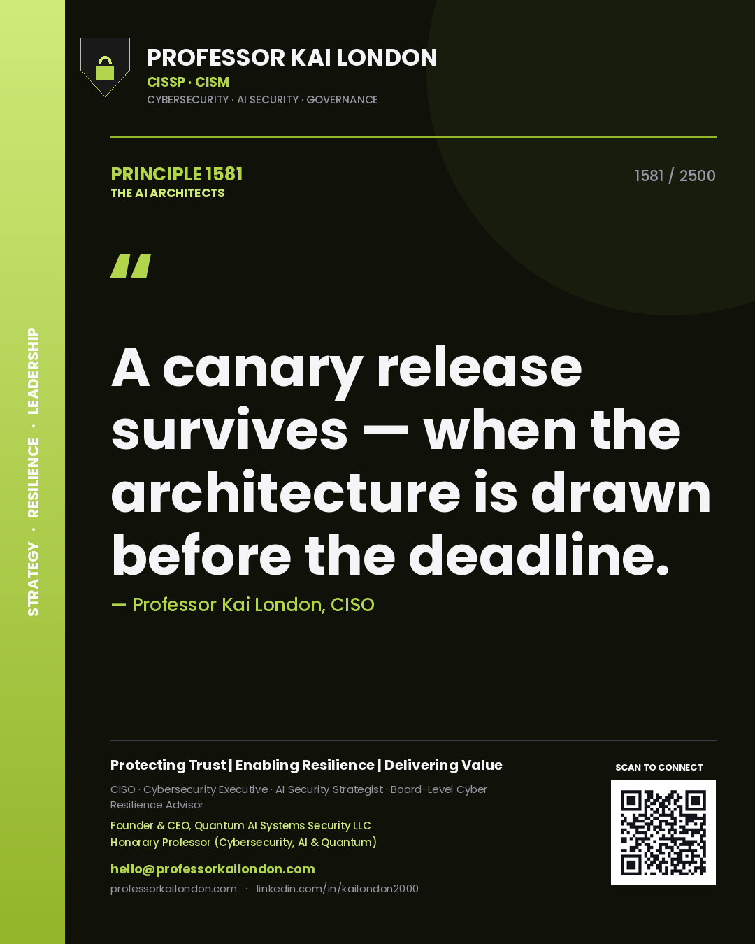 Quote card by Professor Kai London reading 'A canary release survives — when the architecture is drawn before the deadline.'. From the book The AI Architects.