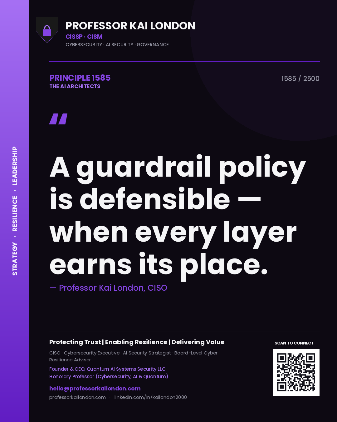 Quote card by Professor Kai London reading 'A guardrail policy is defensible — when every layer earns its place.'. From the book The AI Architects.