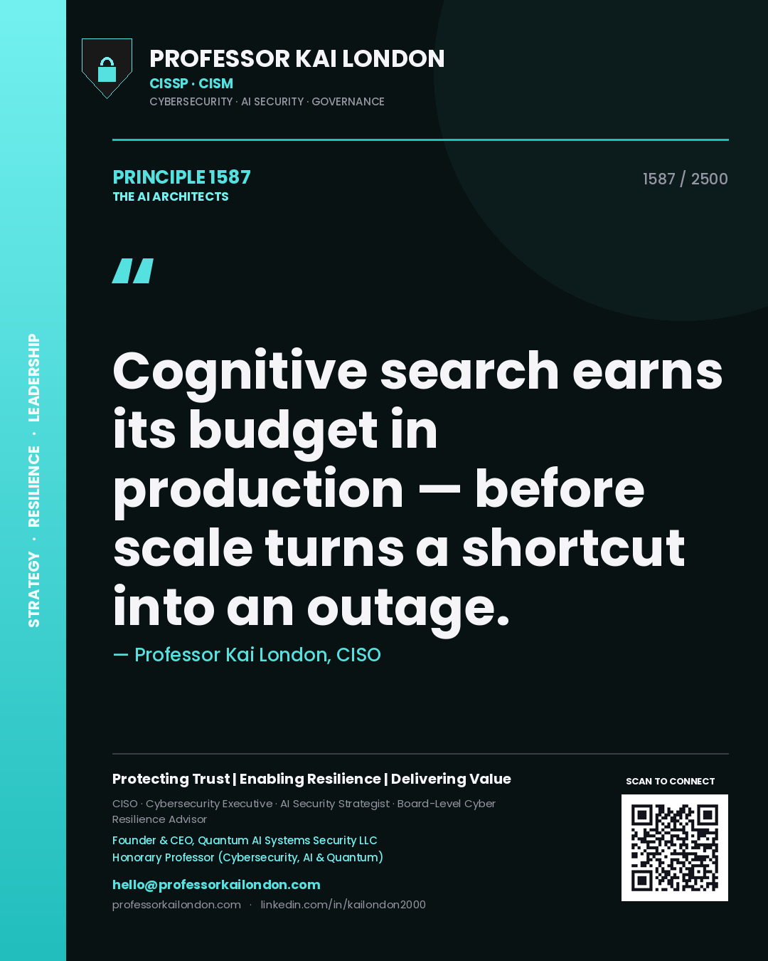 Quote card by Professor Kai London reading 'Cognitive search earns its budget in production — before scale turns a shortcut into an outage.'. From the book The AI Architects.
