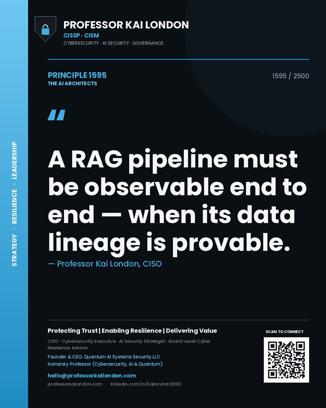 Quote card by Professor Kai London reading 'A RAG pipeline must be observable end to end — when its data lineage is provable.'. From the book The AI Architects.
