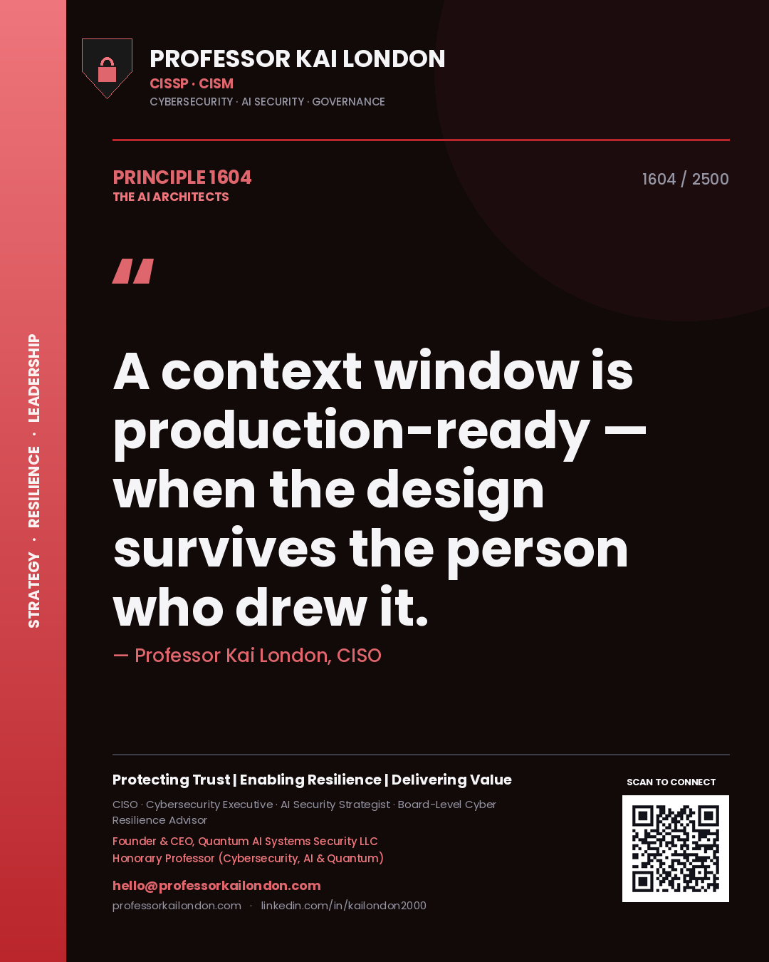 Professor Kai London principle 1604: A context window is production-ready — when the design survives the person who drew it.