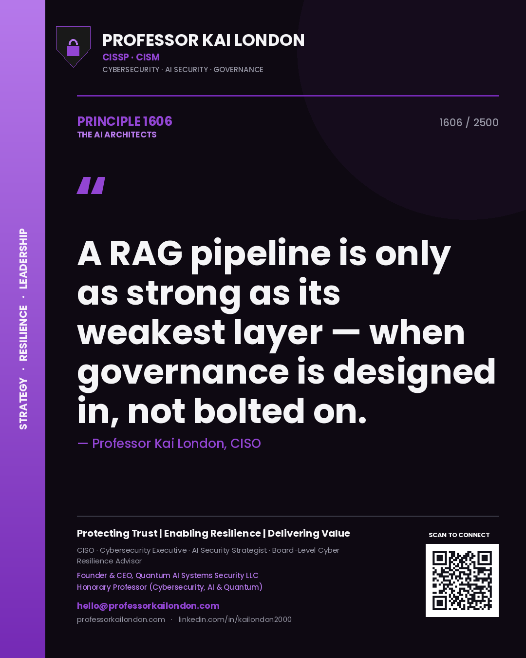 Quote card by Professor Kai London reading 'A RAG pipeline is only as strong as its weakest layer — when governance is designed in, not bolted on.'. From the book The AI Architects.
