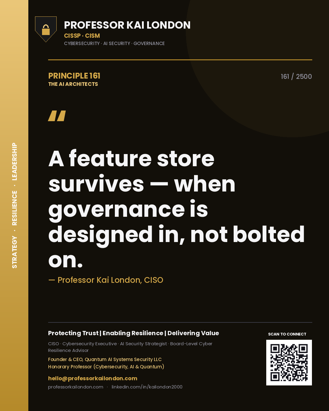 Quote card by Professor Kai London reading 'A feature store survives — when governance is designed in, not bolted on.'. From the book The AI Architects.