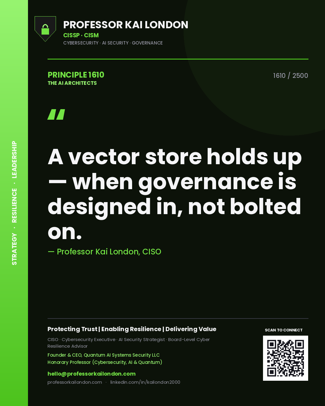 Quote card by Professor Kai London reading 'A vector store holds up — when governance is designed in, not bolted on.'. From the book The AI Architects.