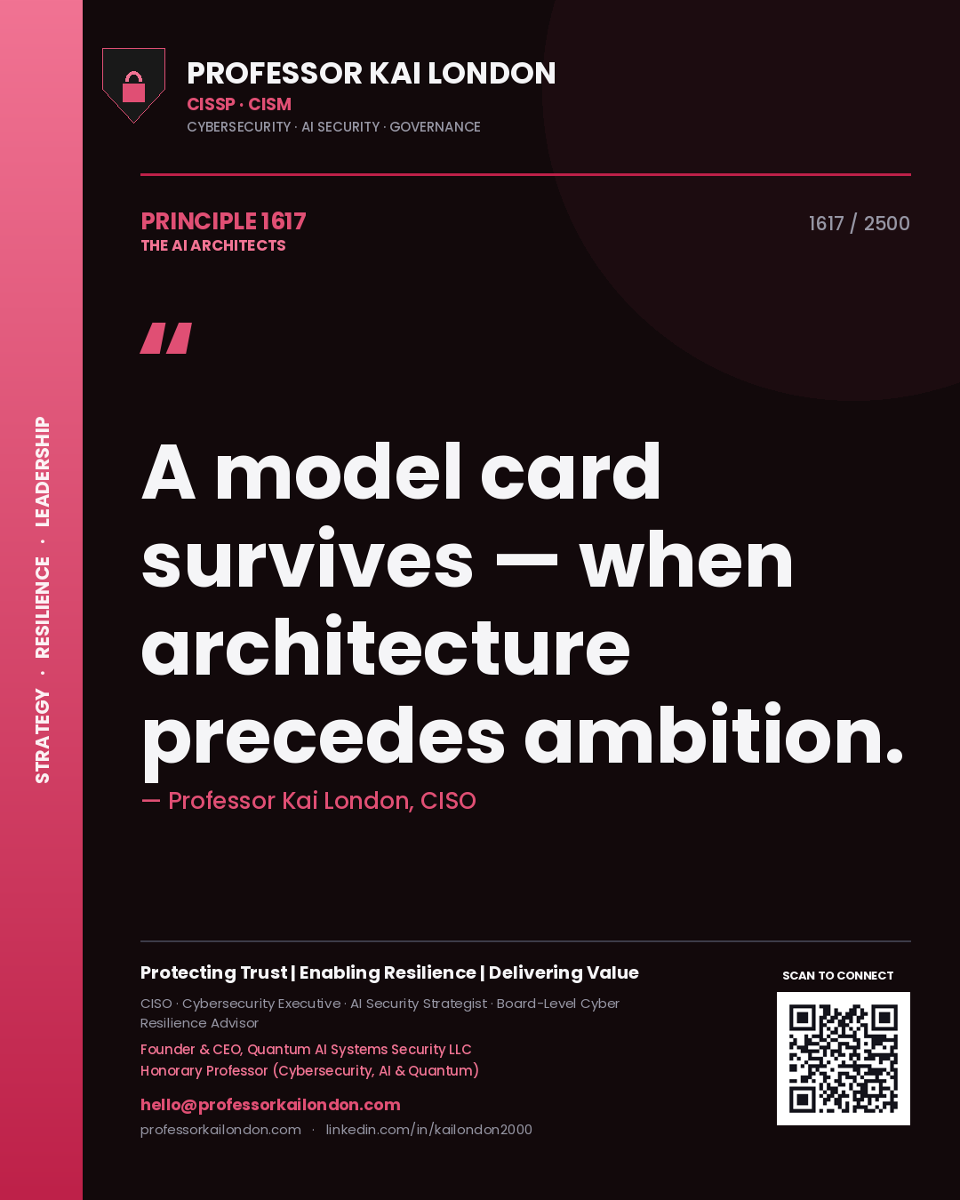 Quote card by Professor Kai London reading 'A model card survives — when architecture precedes ambition.'. From the book The AI Architects.