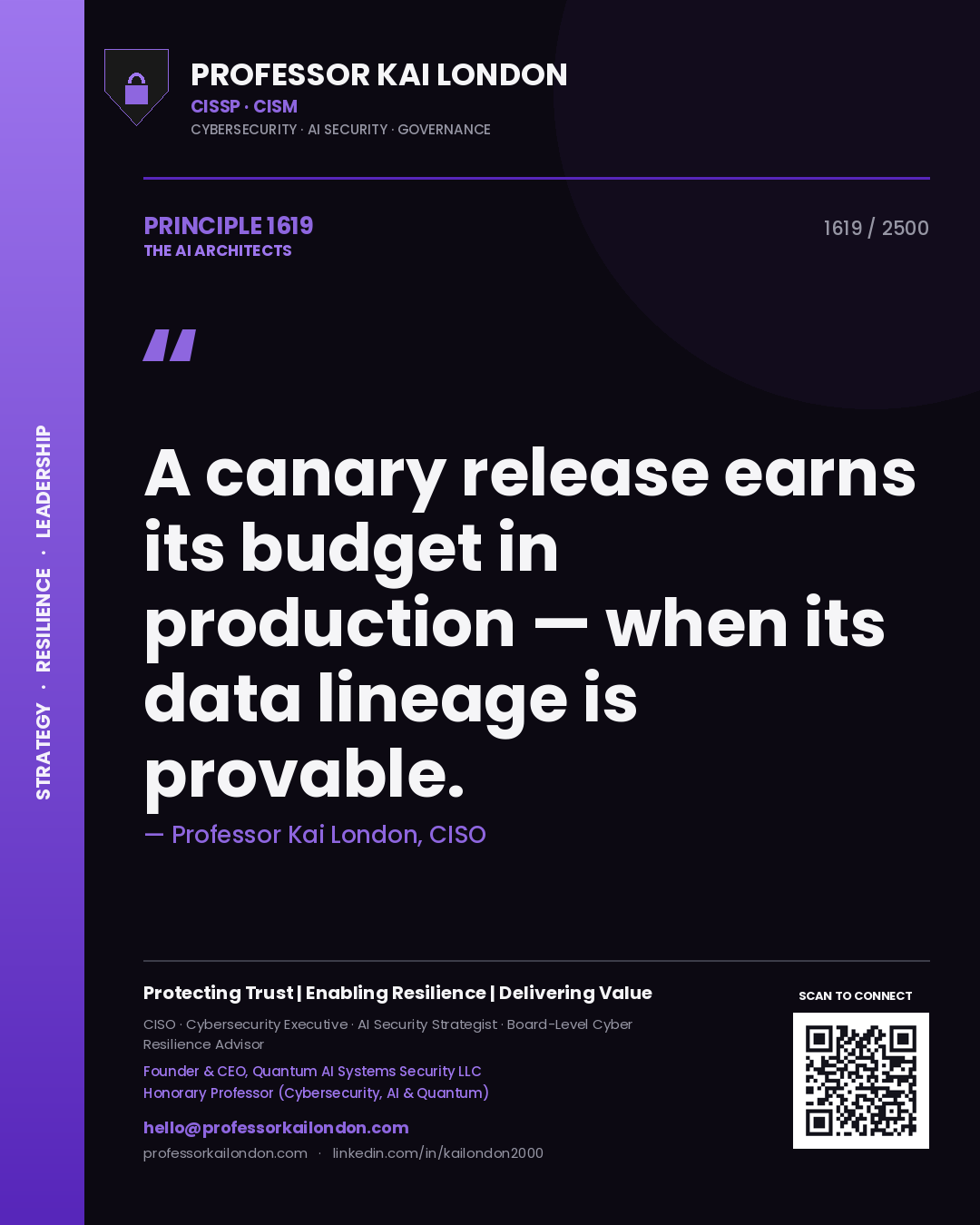 Quote card by Professor Kai London reading 'A canary release earns its budget in production — when its data lineage is provable.'. From the book The AI Architects.
