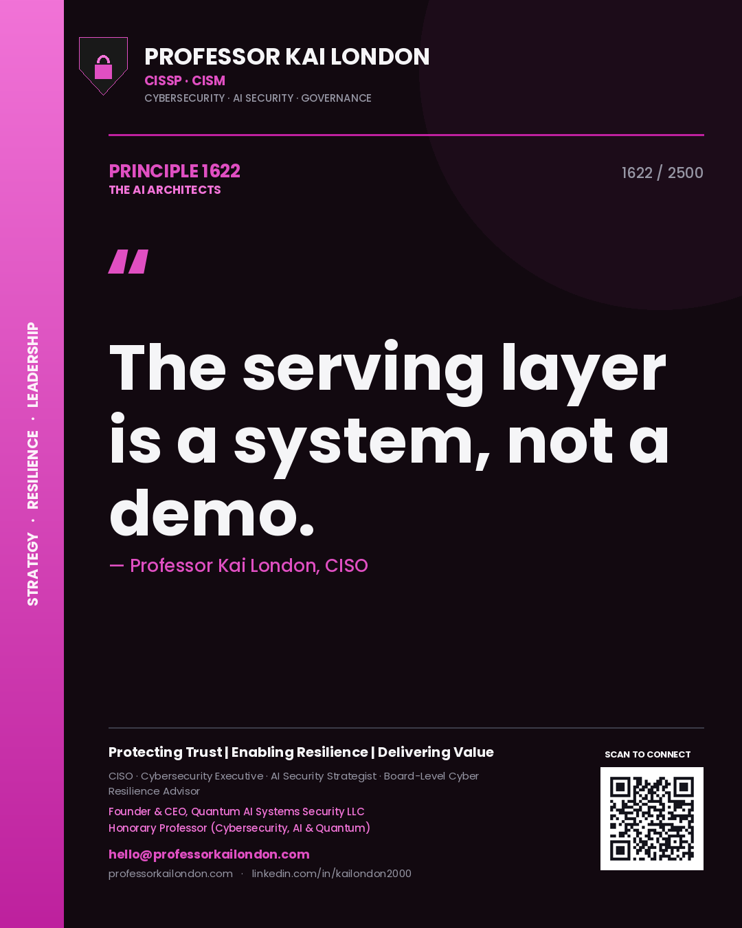 Quote card by Professor Kai London reading 'The serving layer is a system, not a demo.'. From the book The AI Architects.