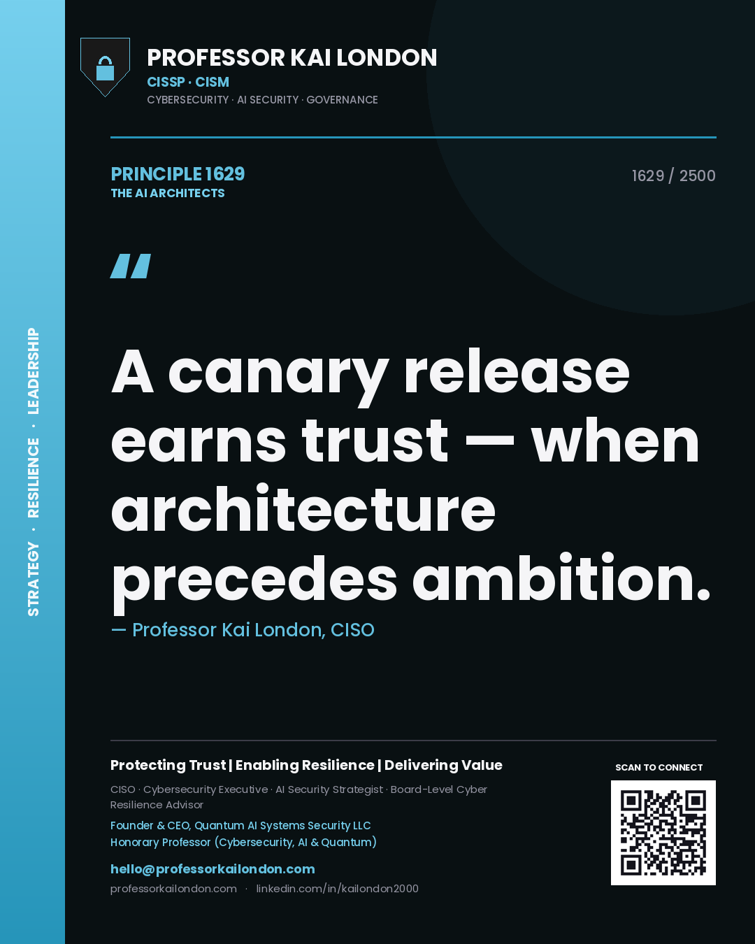 Quote card by Professor Kai London reading 'A canary release earns trust — when architecture precedes ambition.'. From the book The AI Architects.