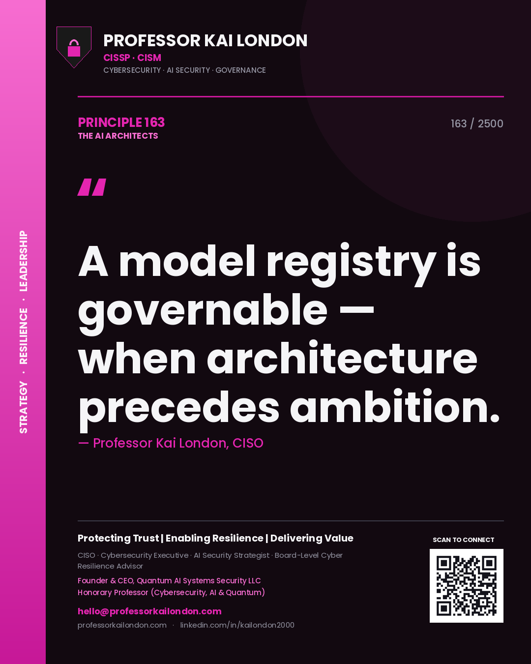 Quote card by Professor Kai London reading 'A model registry is governable — when architecture precedes ambition.'. From the book The AI Architects.