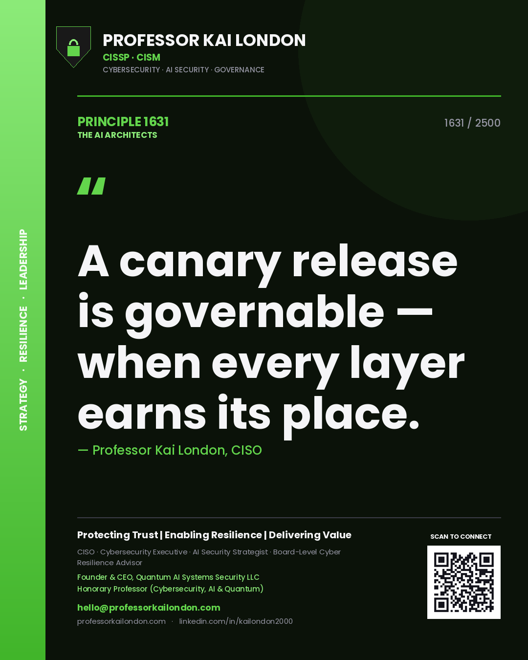 Quote card by Professor Kai London reading 'A canary release is governable — when every layer earns its place.'. From the book The AI Architects.