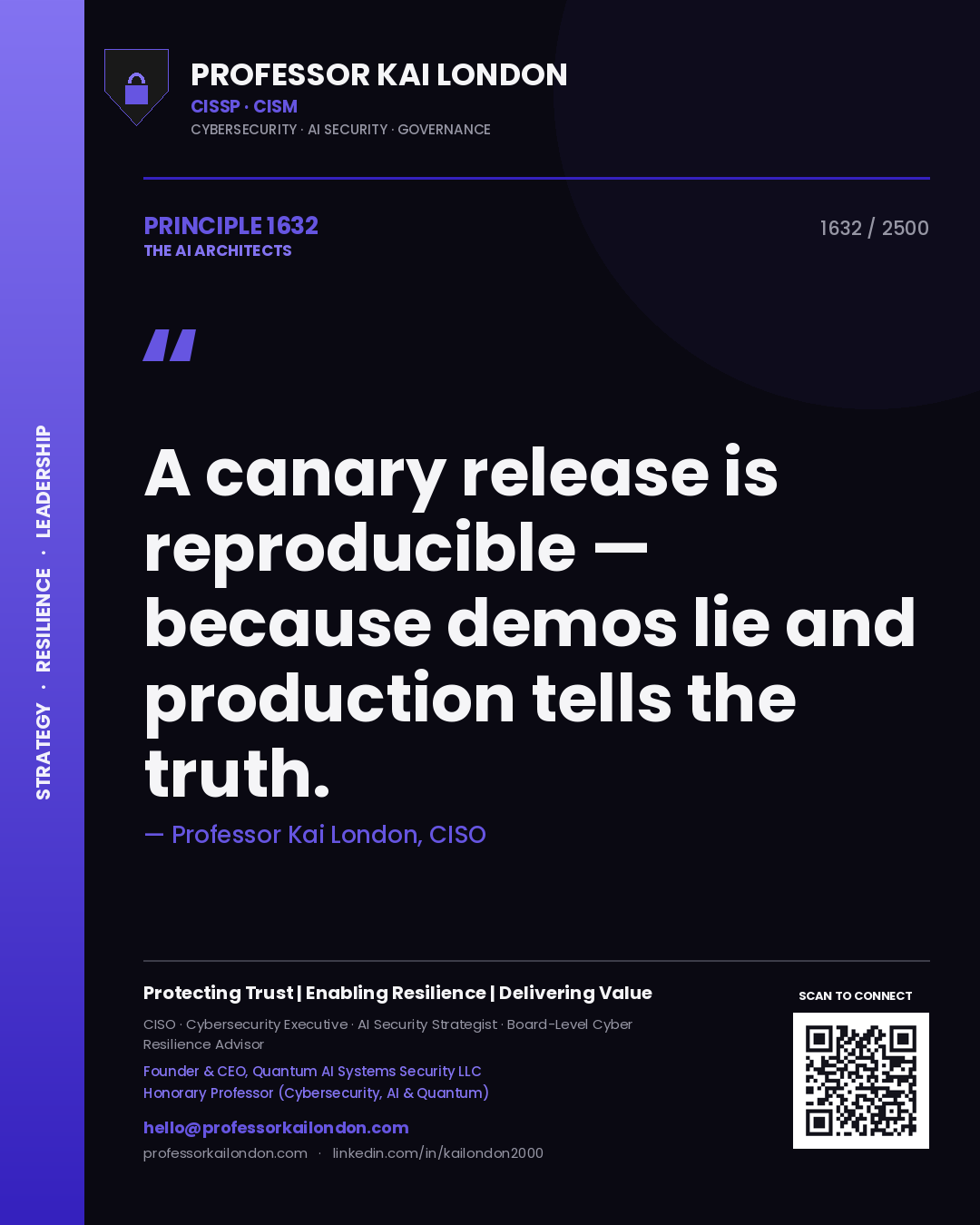 Quote card by Professor Kai London reading 'A canary release is reproducible — because demos lie and production tells the truth.'. From the book The AI Architects.