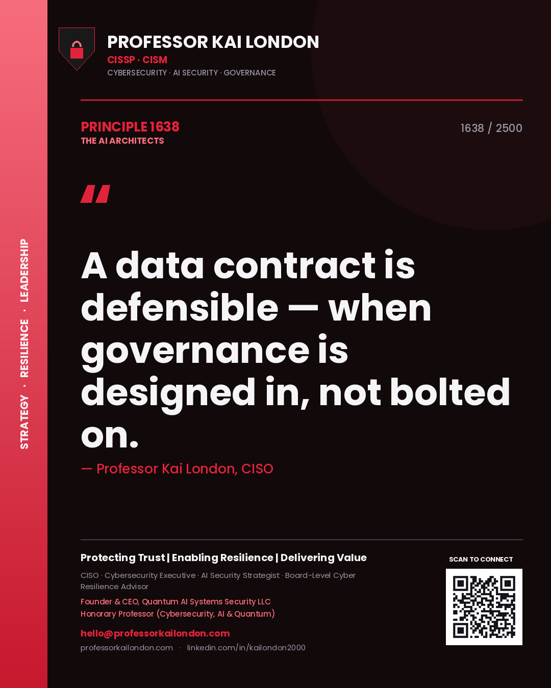 Quote card by Professor Kai London reading 'A data contract is defensible — when governance is designed in, not bolted on.'. From the book The AI Architects.