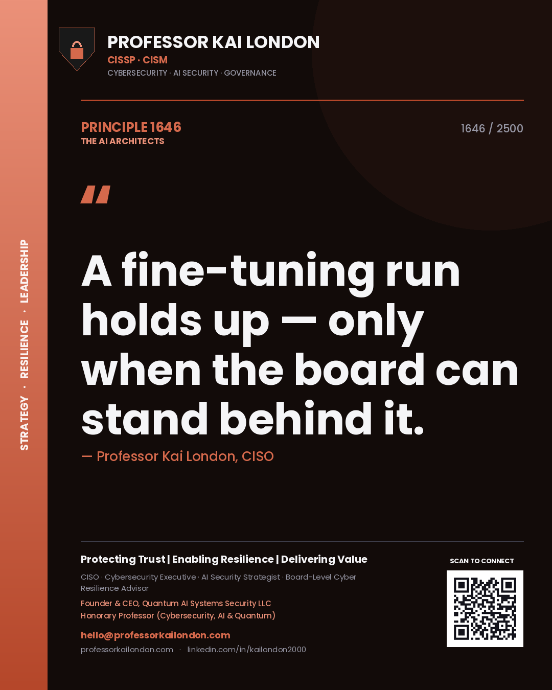 Quote card by Professor Kai London reading 'A fine-tuning run holds up — only when the board can stand behind it.'. From the book The AI Architects.