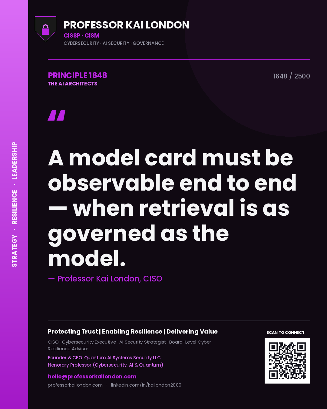 Quote card by Professor Kai London reading 'A model card must be observable end to end — when retrieval is as governed as the model.'. From the book The AI Architects.