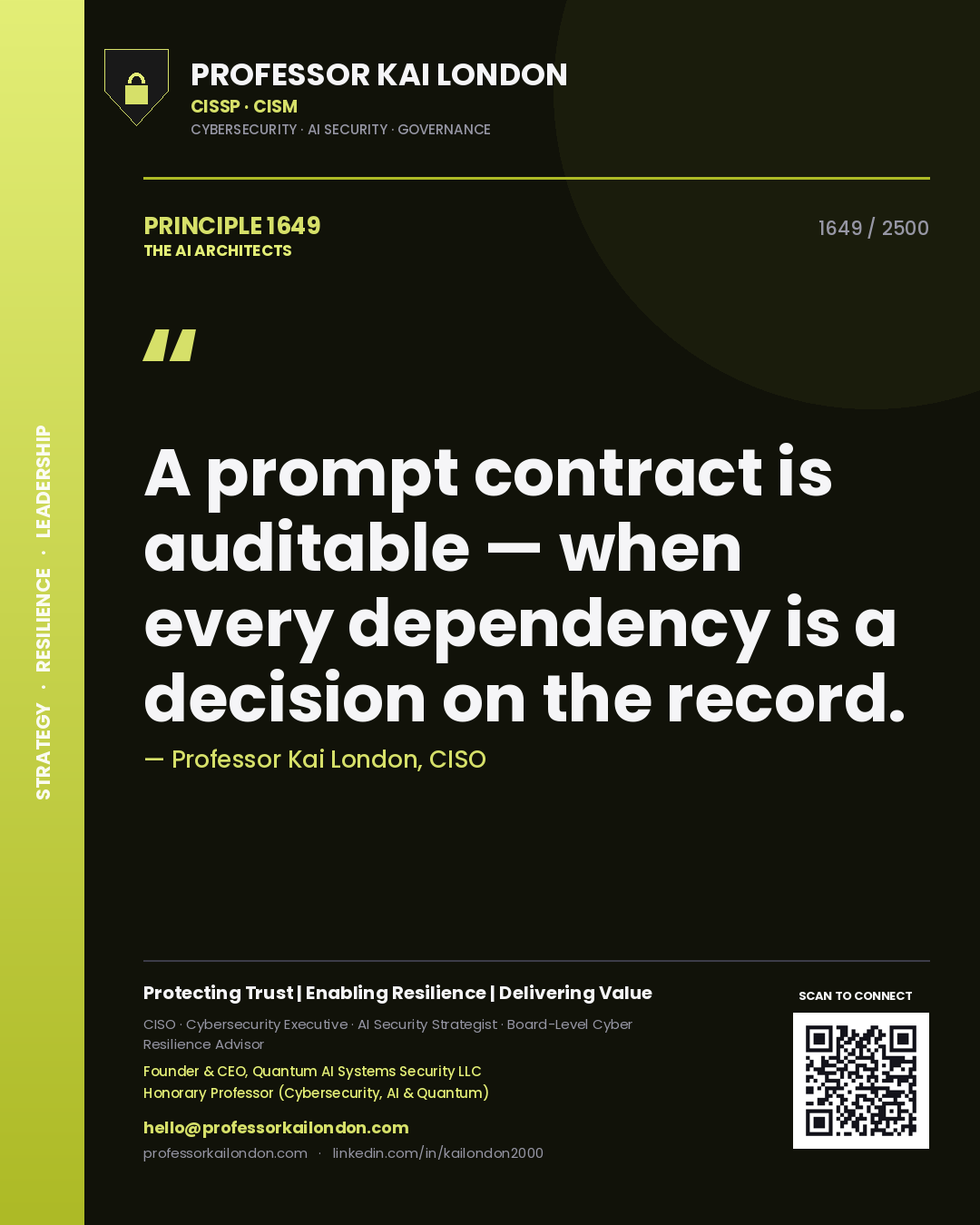 Quote card by Professor Kai London reading 'A prompt contract is auditable — when every dependency is a decision on the record.'. From the book The AI Architects.