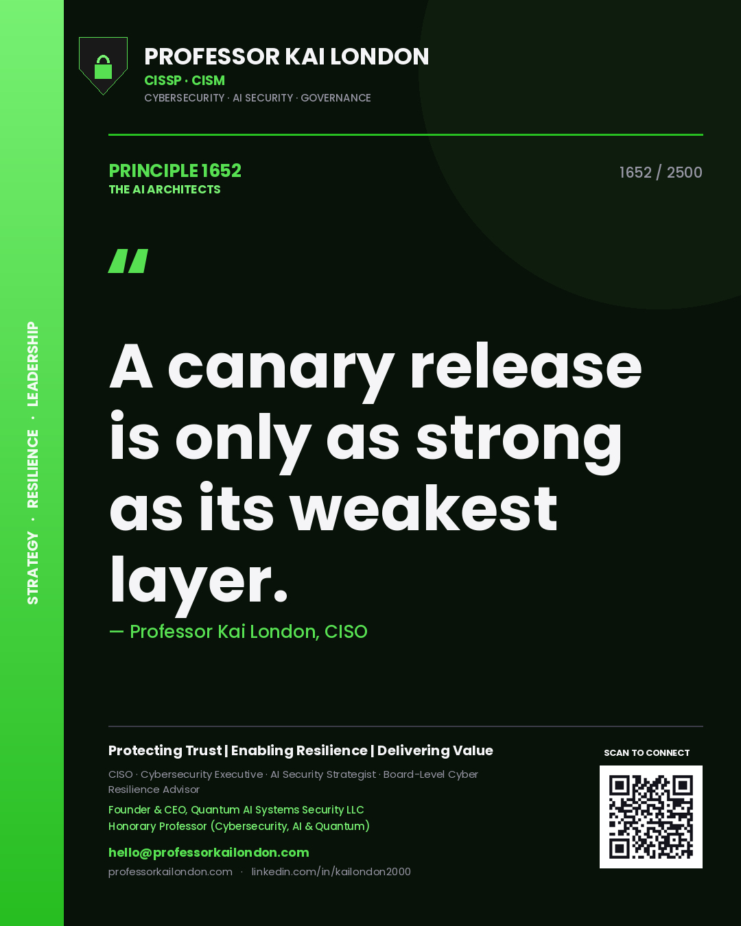 Quote card by Professor Kai London reading 'A canary release is only as strong as its weakest layer.'. From the book The AI Architects.