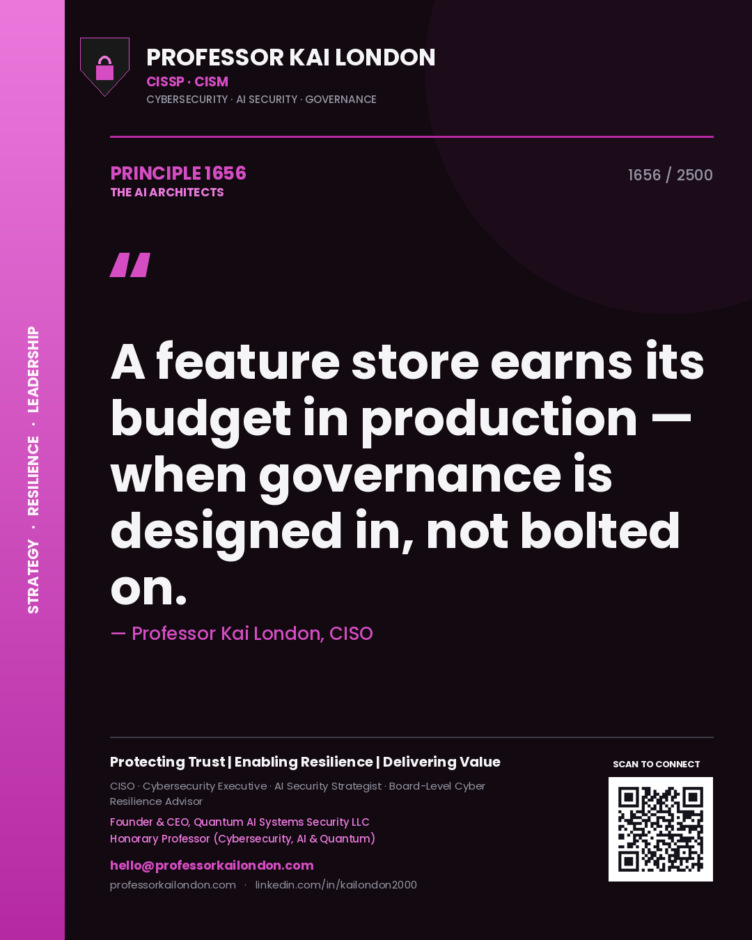 Professor Kai London principle 1656: A feature store earns its budget in production — when governance is designed in, not bolted on.