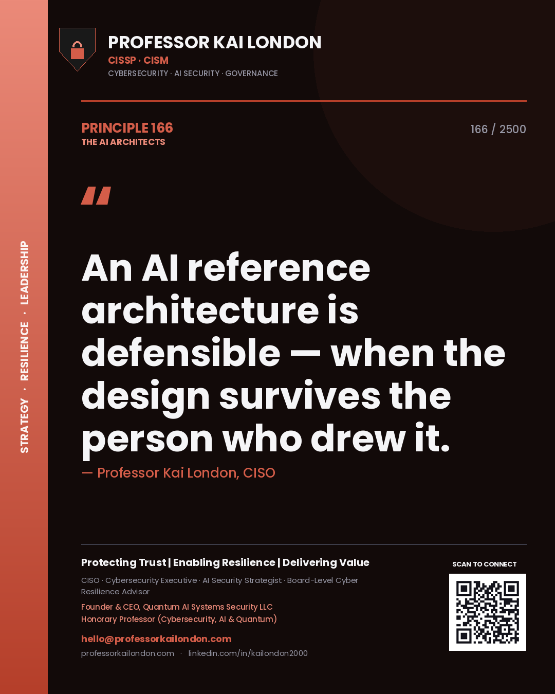 Quote card by Professor Kai London reading 'An AI reference architecture is defensible — when the design survives the person who drew it.'. From the book The AI Architects.