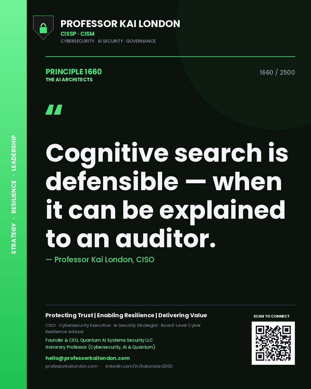 Quote card by Professor Kai London reading 'Cognitive search is defensible — when it can be explained to an auditor.'. From the book The AI Architects.