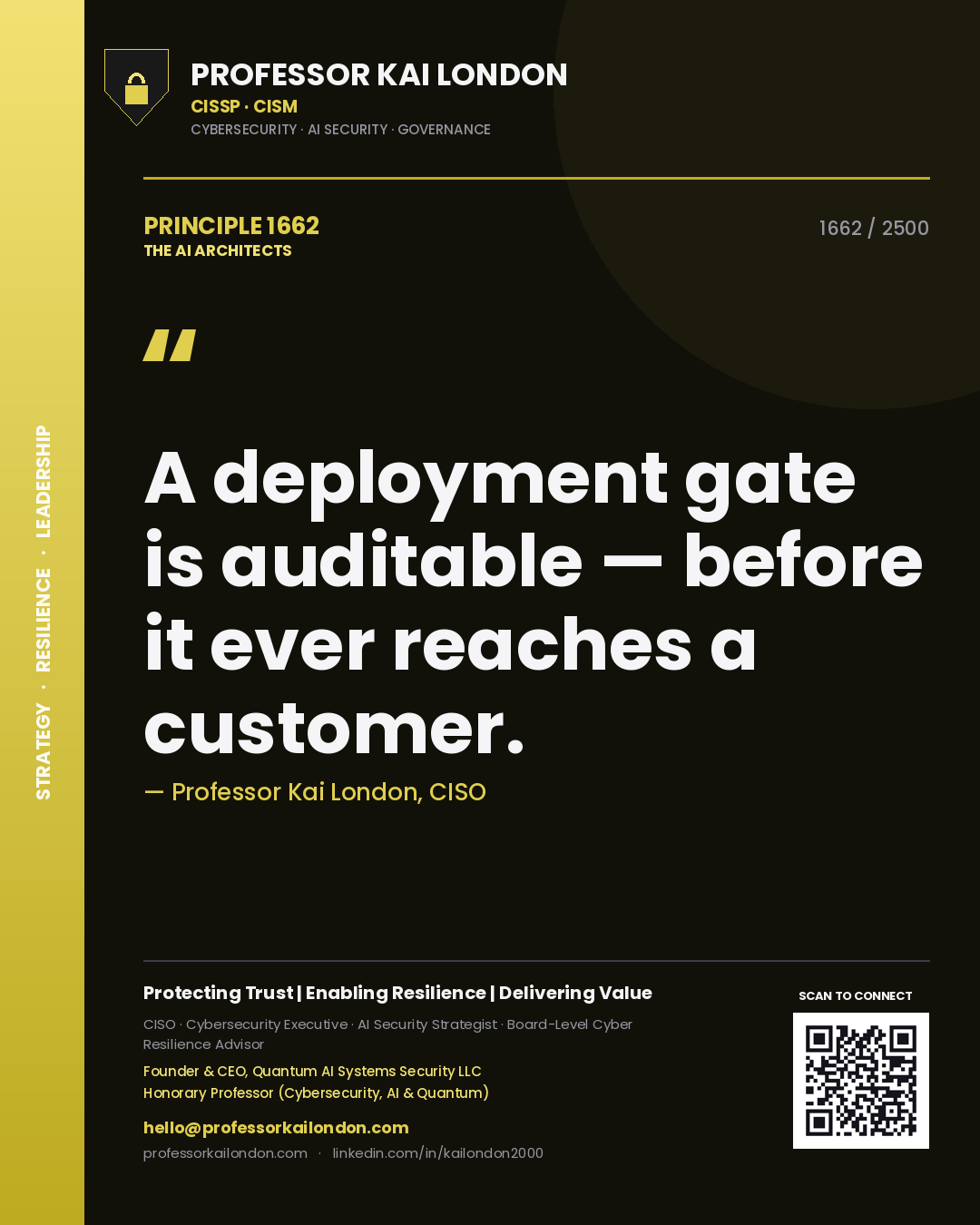 Professor Kai London principle 1662: A deployment gate is auditable — before it ever reaches a customer.