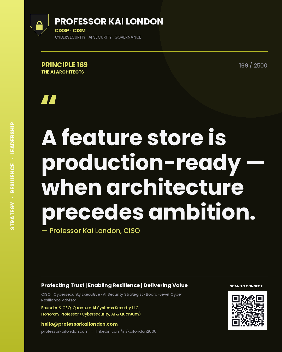Quote card by Professor Kai London reading 'A feature store is production-ready — when architecture precedes ambition.'. From the book The AI Architects.